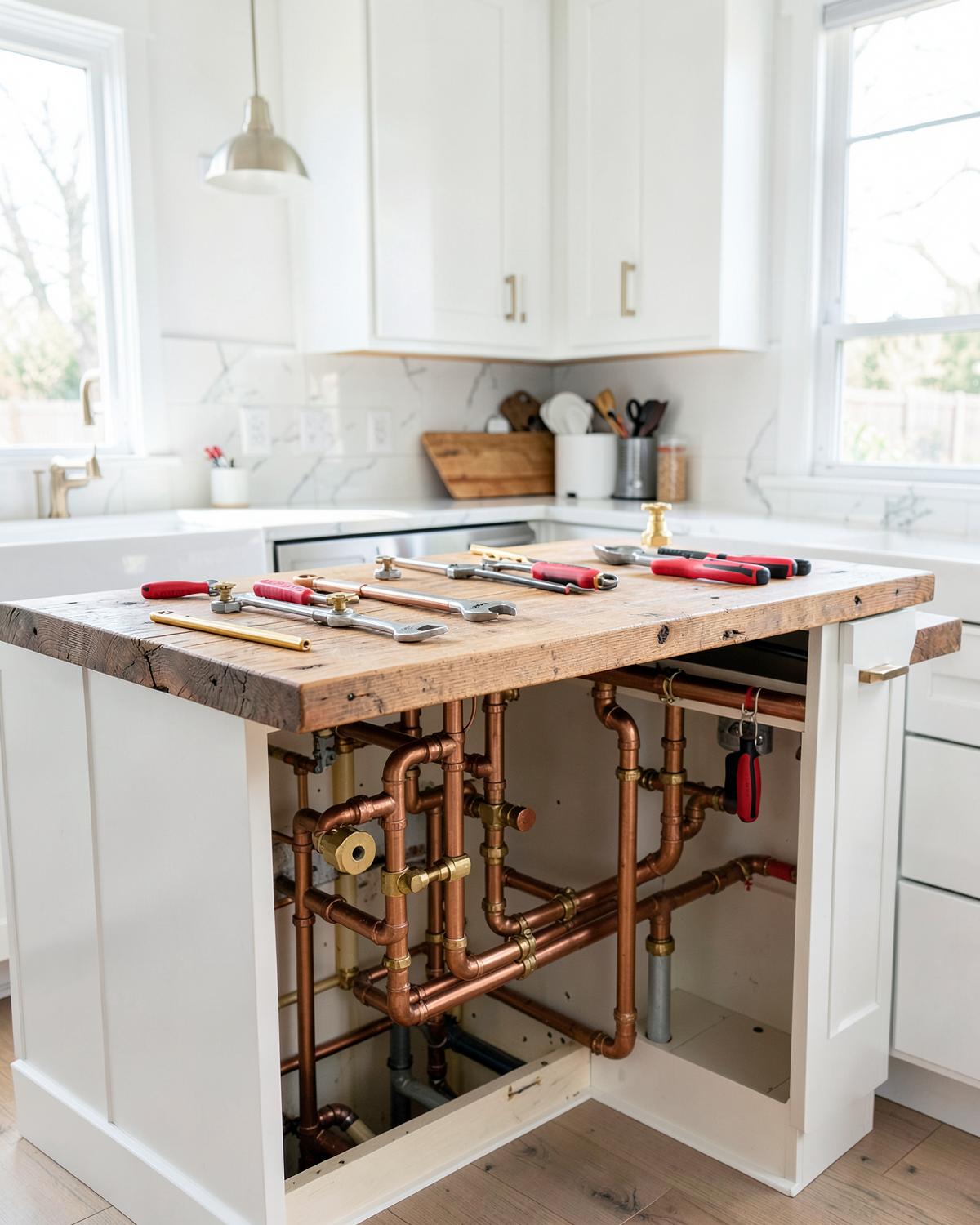 Organized copper plumbing and professional tools in a bright kitchen