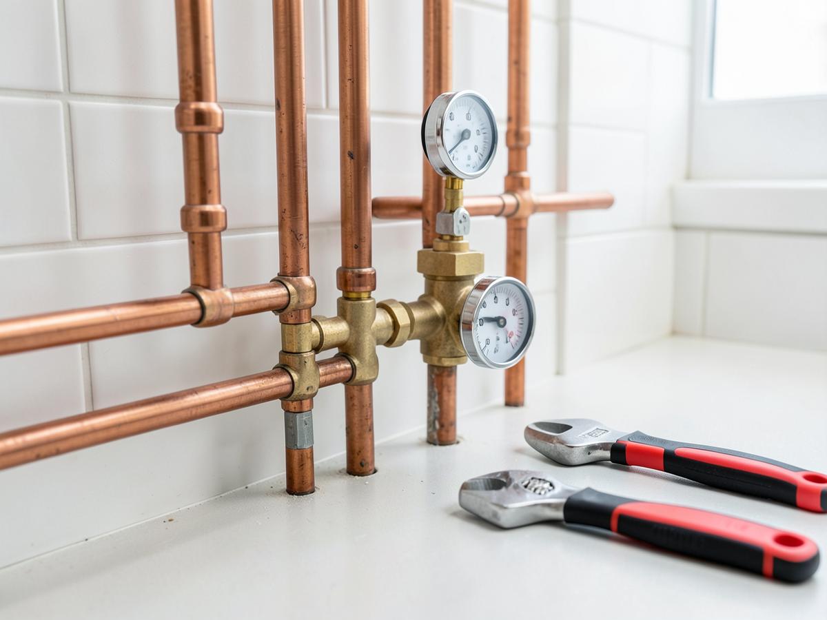 Close-up of copper pipe, pressure gauges, and plumbing tools
